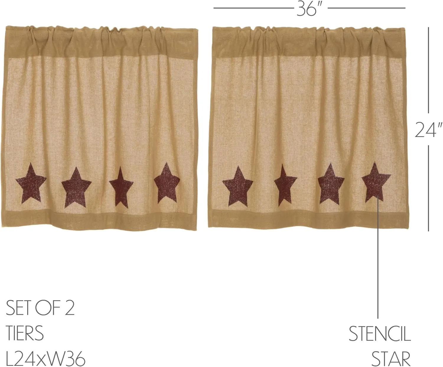 VHC Brands Burlap Natural with Burgundy Stars Primitive 24"x36" Tier Pair Tan Rod Pocket Stenciled Cotton Kitchen Window Curtains