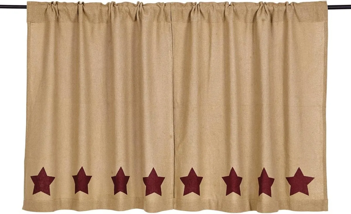 VHC Brands Burlap Natural with Burgundy Stars Primitive 36"x36" Tier Pair Tan Rod Pocket Stenciled Cotton Kitchen Window Curtains