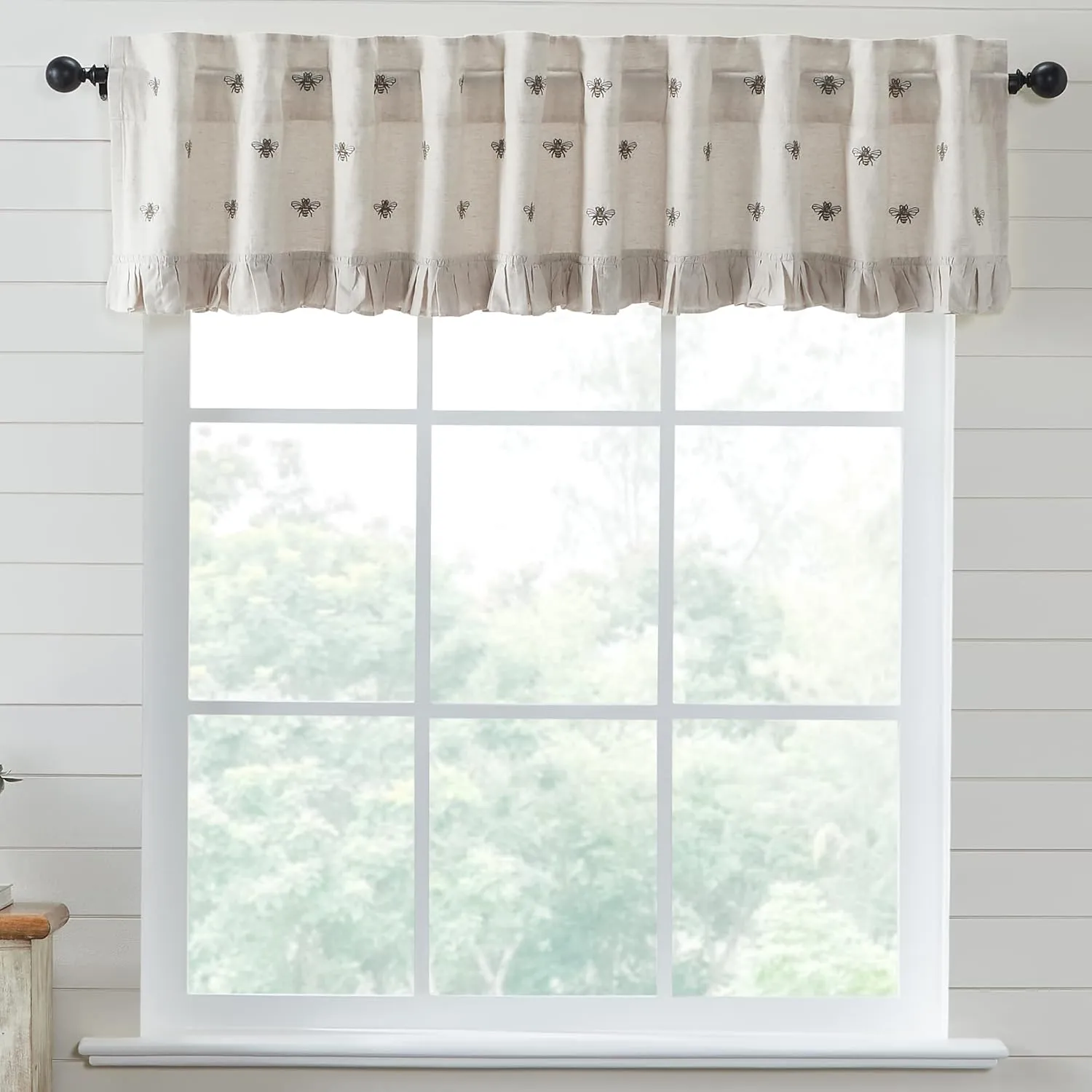 VHC Brands Embroidered Bee, Farmhouse Window Valance Curtain, Ruffled, Creme Yellow Grey, 16x90