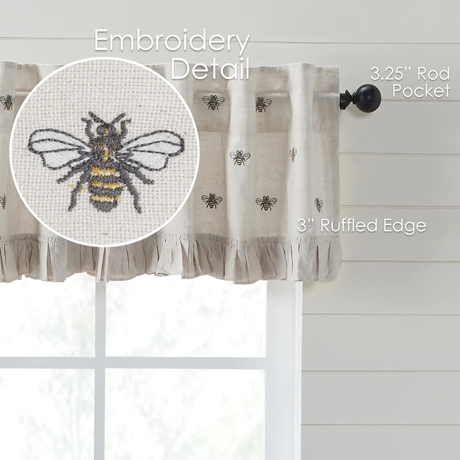 VHC Brands Embroidered Bee, Farmhouse Window Valance Curtain, Ruffled, Creme Yellow Grey, 16x90