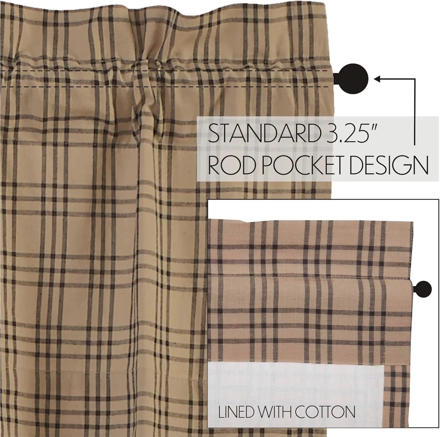 VHC Brands Farmhouse Window Bedroom Curtains-Sawyer Mill Plaid Tan Panel Pair 84 Inches Long, Charcoal Black