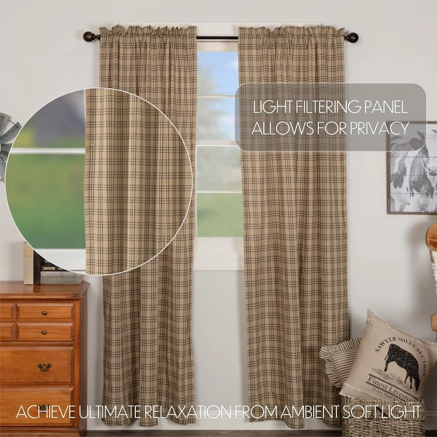 VHC Brands Farmhouse Window Bedroom Curtains-Sawyer Mill Plaid Tan Panel Pair 84 Inches Long, Charcoal Black