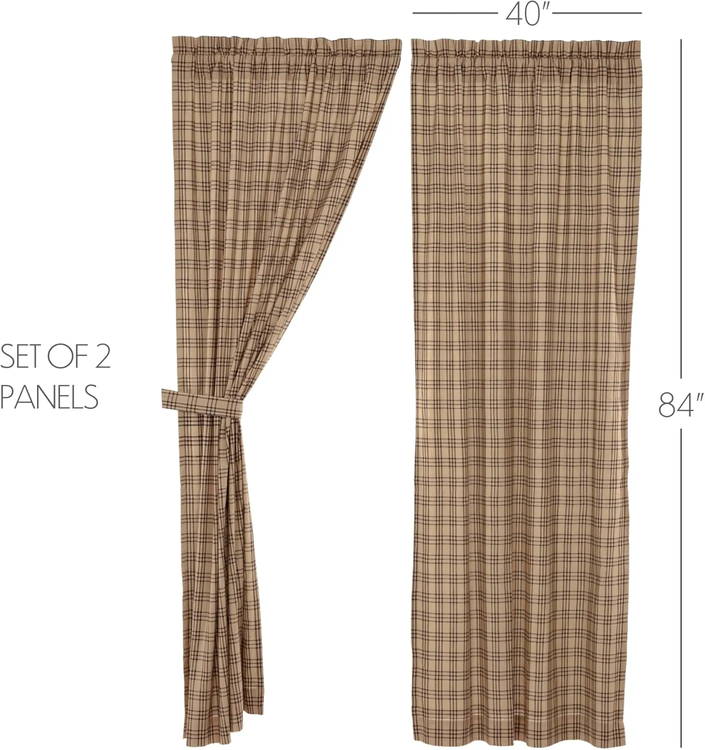 VHC Brands Farmhouse Window Bedroom Curtains-Sawyer Mill Plaid Tan Panel Pair 84 Inches Long, Charcoal Black