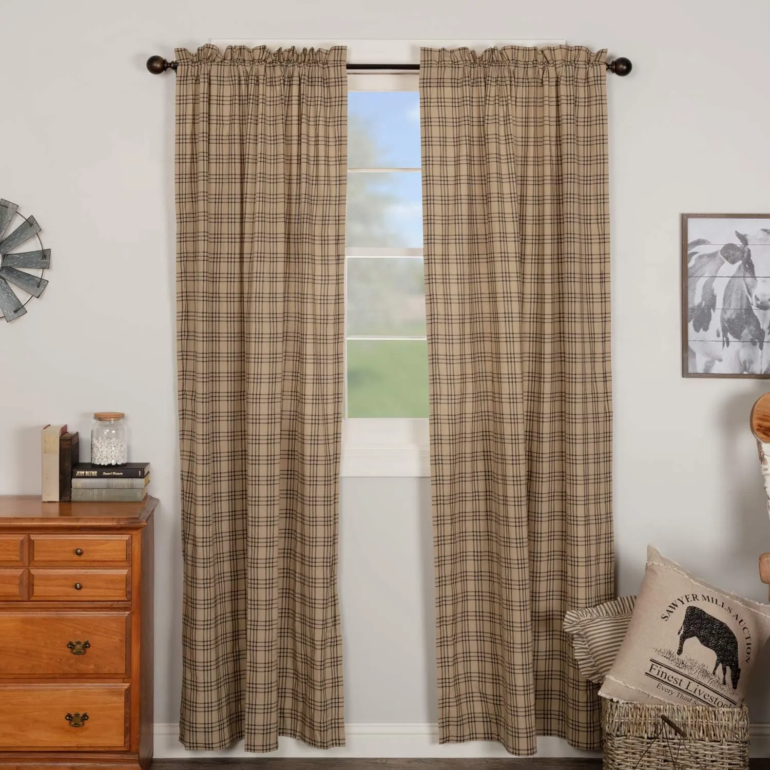 VHC Brands Farmhouse Window Bedroom Curtains-Sawyer Mill Plaid Tan Panel Pair 84 Inches Long, Charcoal Black