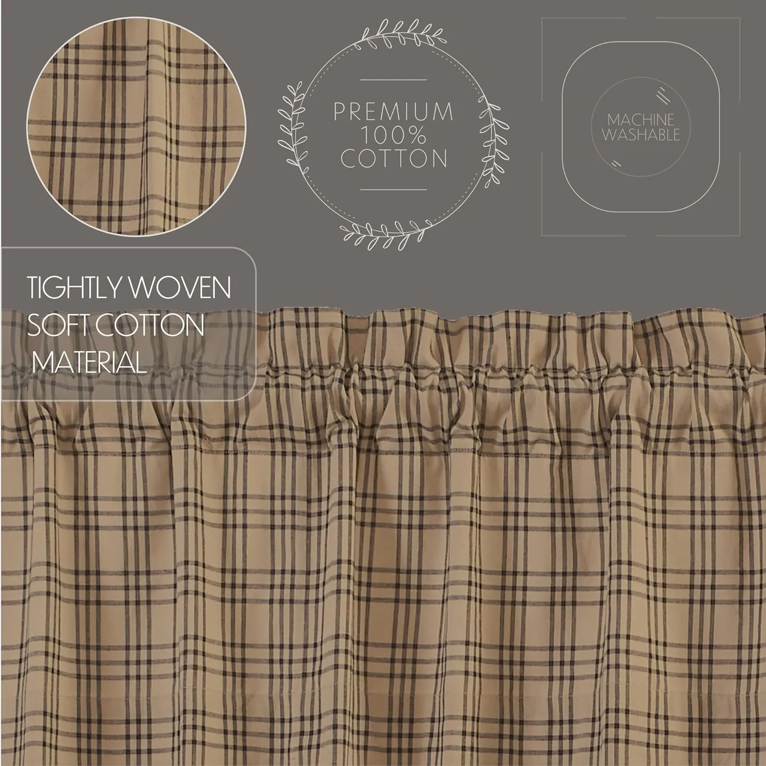 VHC Brands Farmhouse Window Bedroom Curtains-Sawyer Mill Plaid Tan Panel Pair 84 Inches Long, Charcoal Black