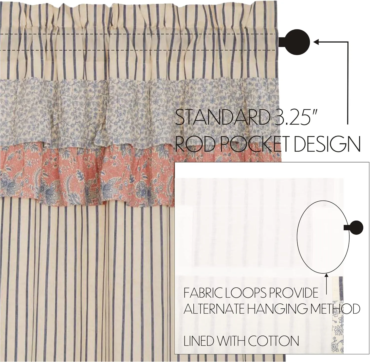 VHC Brands Kaila Country Cottage Ruffled Blue Ticking Stripe Kitchen Curtain Swag Set 36x36x16