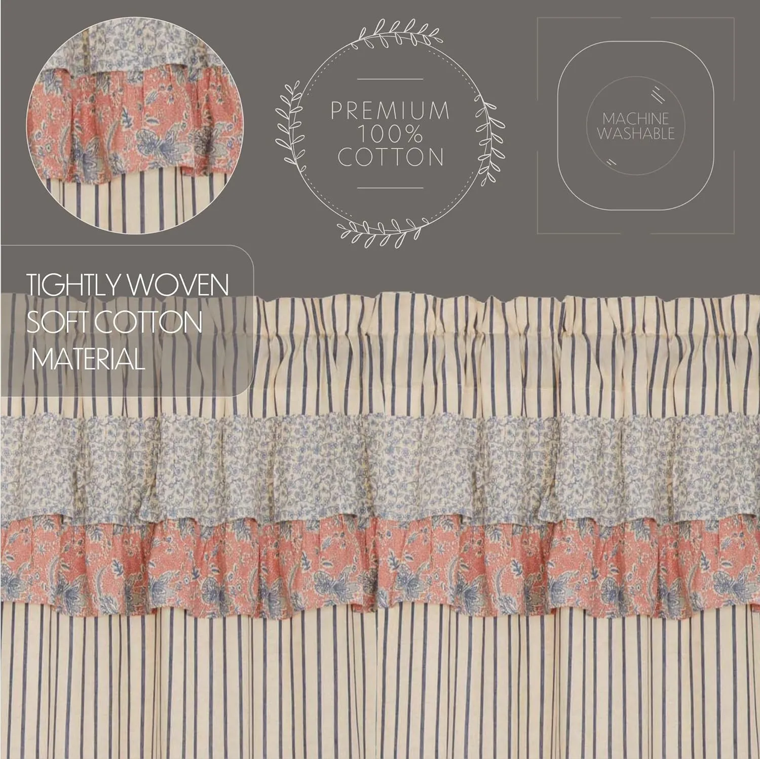VHC Brands Kaila Country Cottage Ruffled Blue Ticking Stripe Kitchen Curtain Swag Set 36x36x16