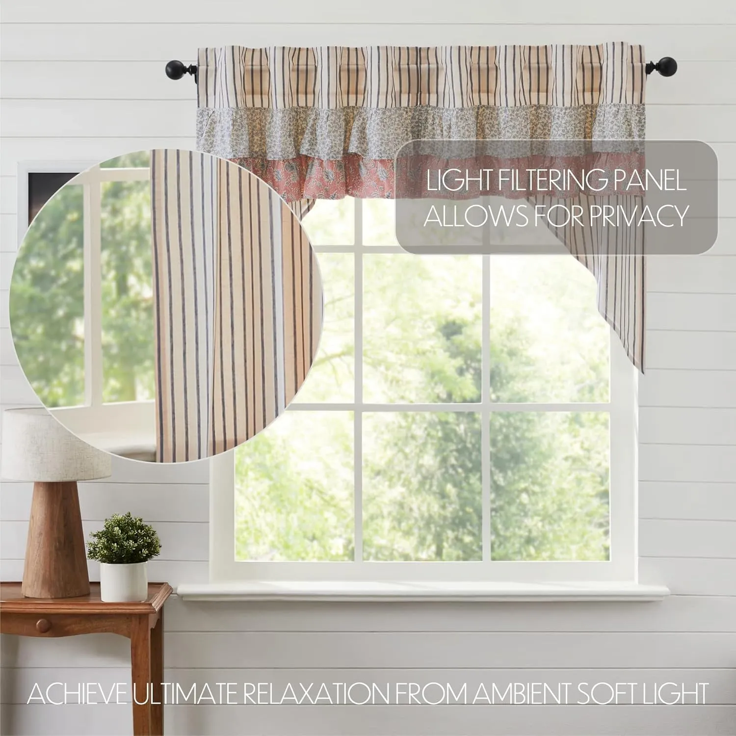 VHC Brands Kaila Country Cottage Ruffled Blue Ticking Stripe Kitchen Curtain Swag Set 36x36x16
