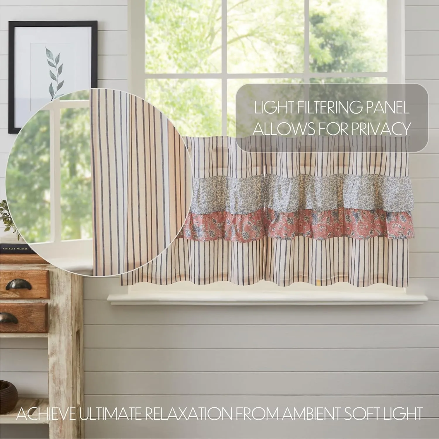 VHC Brands Kaila Country Cottage Ruffled Blue Ticking Stripe Kitchen Curtain Tier Set L24xW36