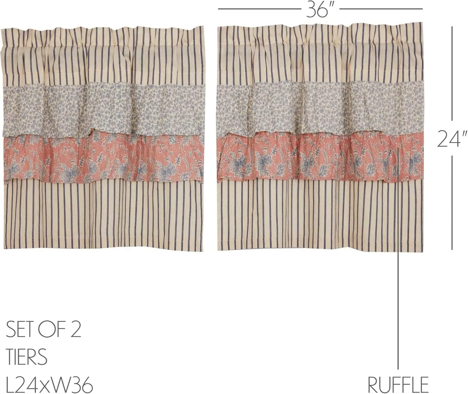 VHC Brands Kaila Country Cottage Ruffled Blue Ticking Stripe Kitchen Curtain Tier Set L24xW36