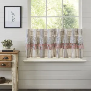 VHC Brands Kaila Country Cottage Ruffled Blue Ticking Stripe Kitchen Curtain Tier Set L24xW36
