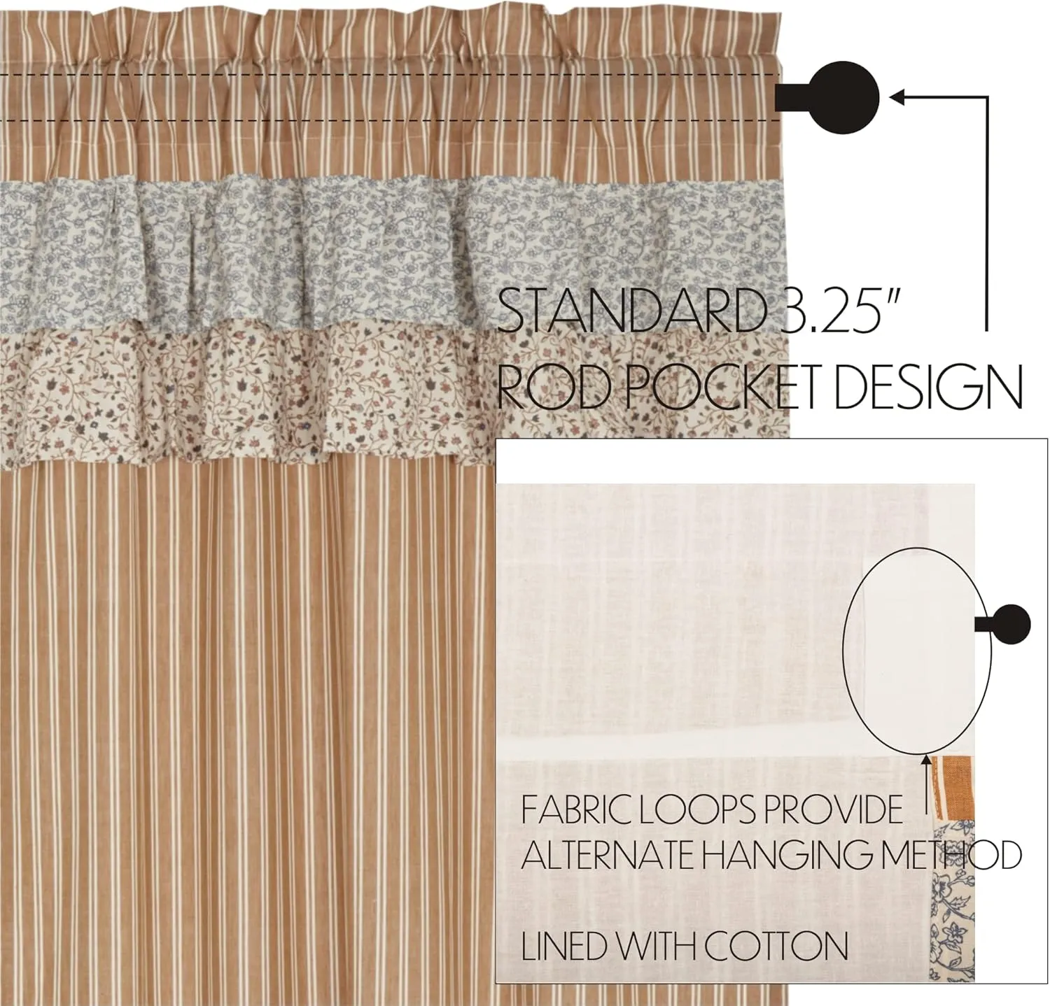 VHC Brands Kaila Country Cottage Ruffled Gold Ticking Stripe Curtain Valance 16x60