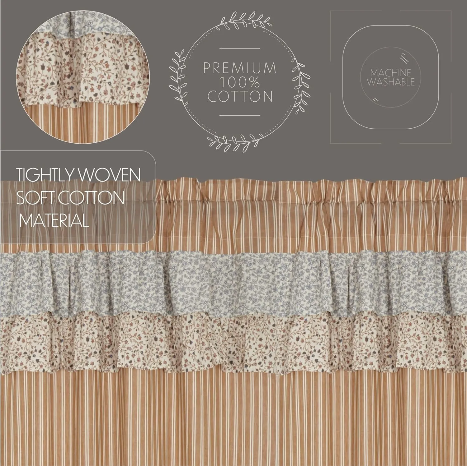 VHC Brands Kaila Country Cottage Ruffled Gold Ticking Stripe Curtain Valance 16x60