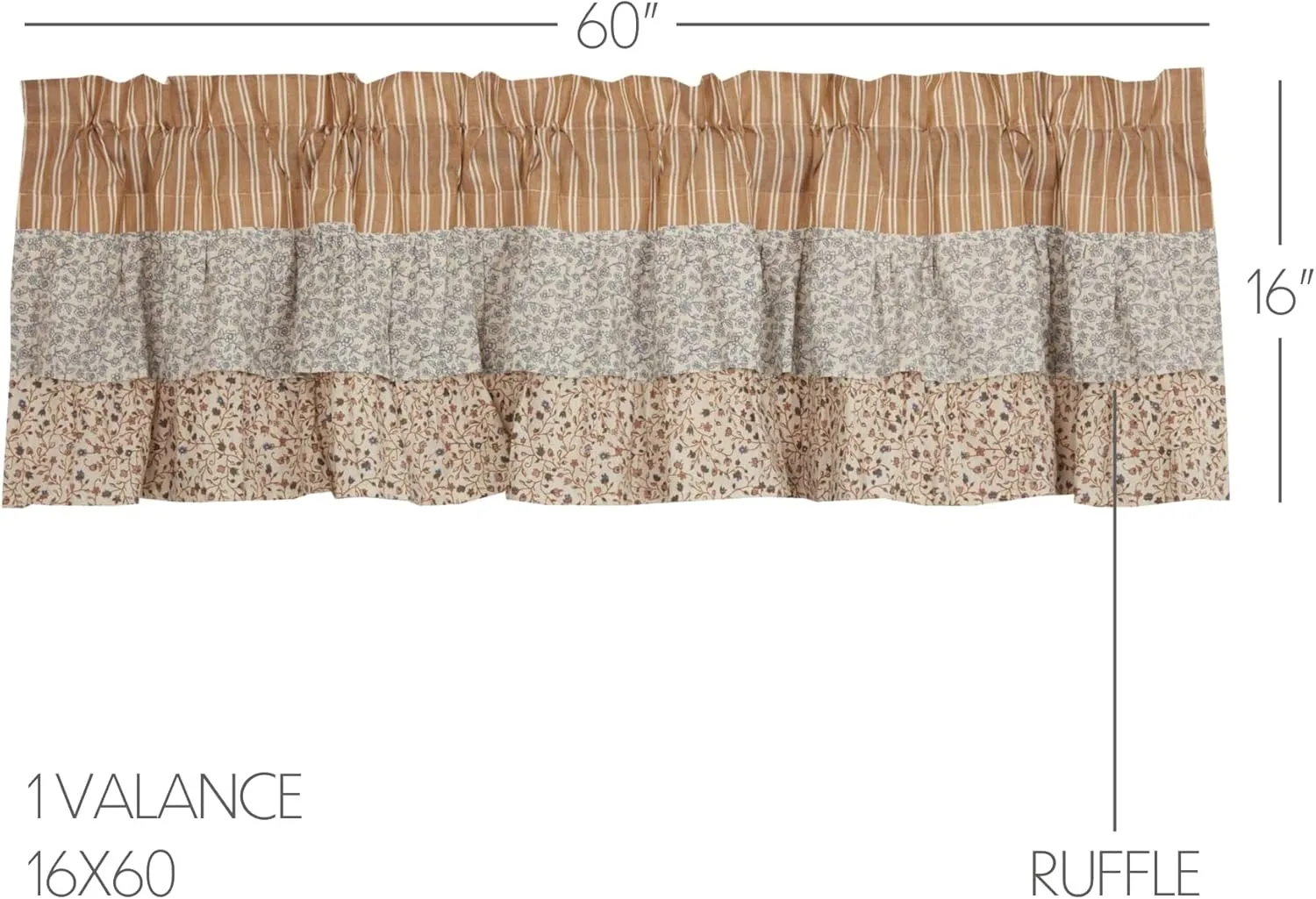 VHC Brands Kaila Country Cottage Ruffled Gold Ticking Stripe Curtain Valance 16x60