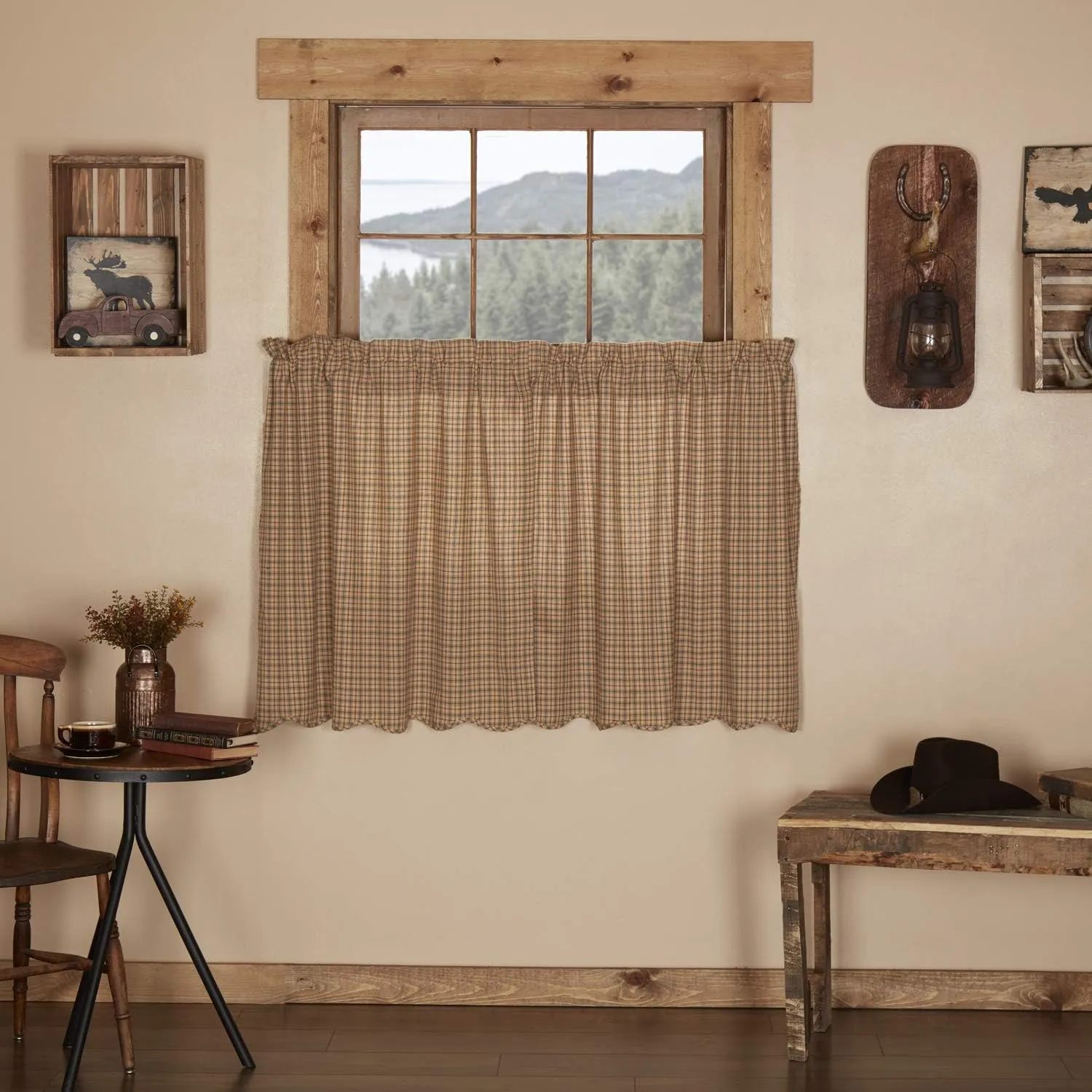 VHC Brands Millsboro Plaid Cotton Rustic Kitchen Curtains Rod Pocket 36x36 Tier Pair, Khaki Tan