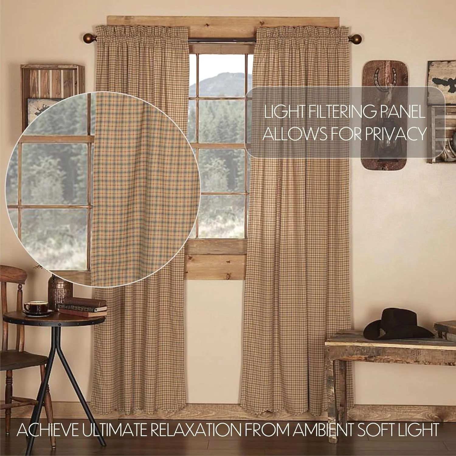 VHC Brands Millsboro Window Curtains, Panel Scalloped Set of 2, Tan, 84x40