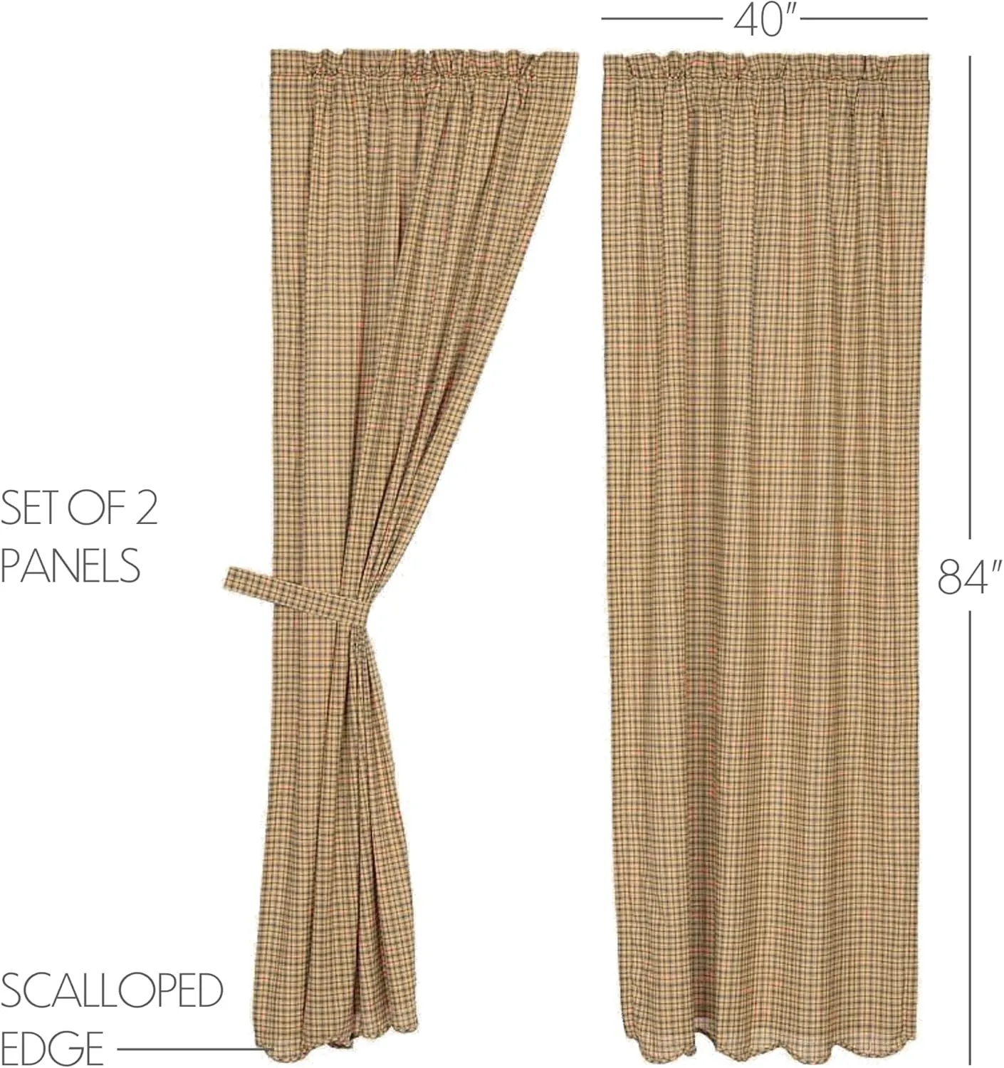 VHC Brands Millsboro Window Curtains, Panel Scalloped Set of 2, Tan, 84x40