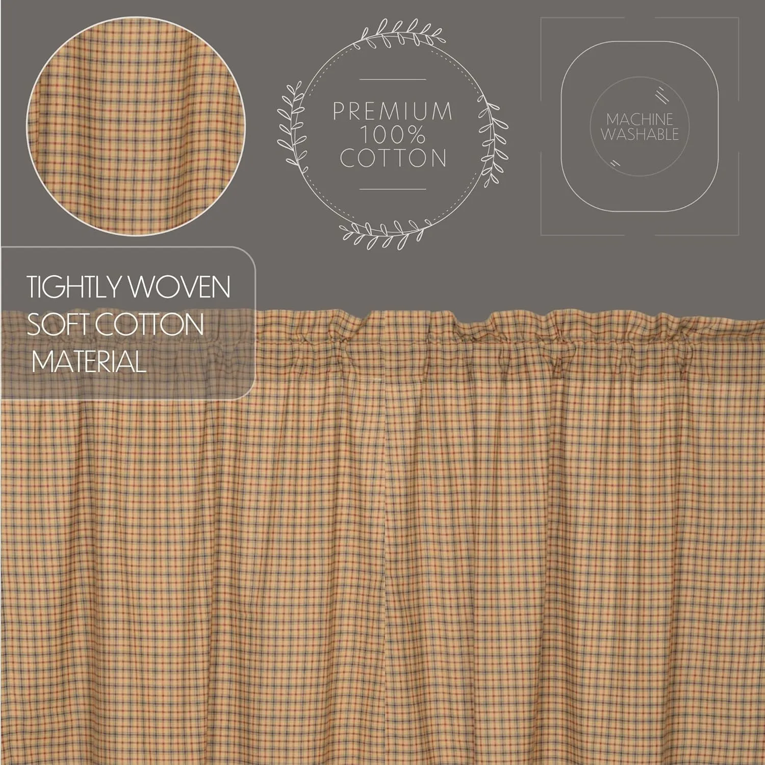 VHC Brands Millsboro Window Curtains, Panel Scalloped Set of 2, Tan, 84x40