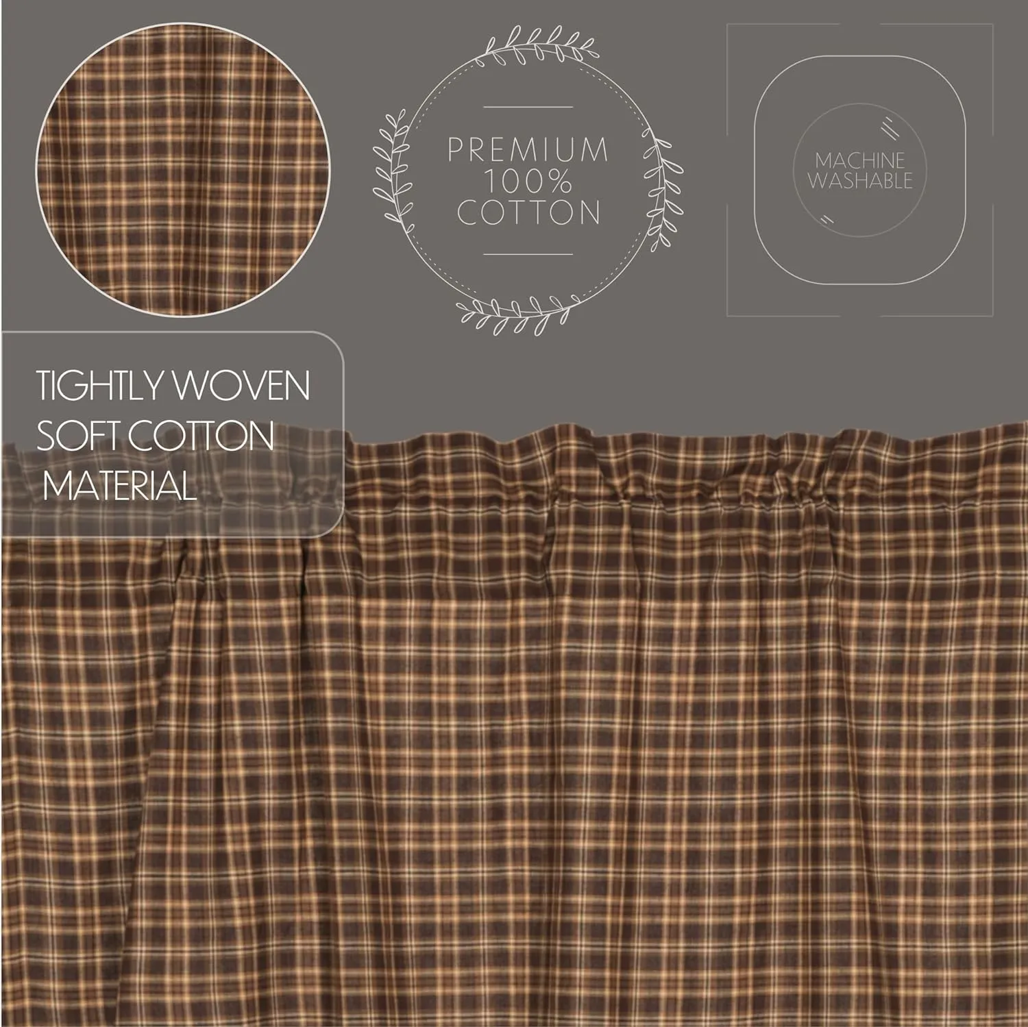 VHC Brands Prescott Plaid Cotton Rustic Kitchen Curtains Rod Pocket Drawstring Ties Bedding Accessory, Prairie Swag 36x36x18