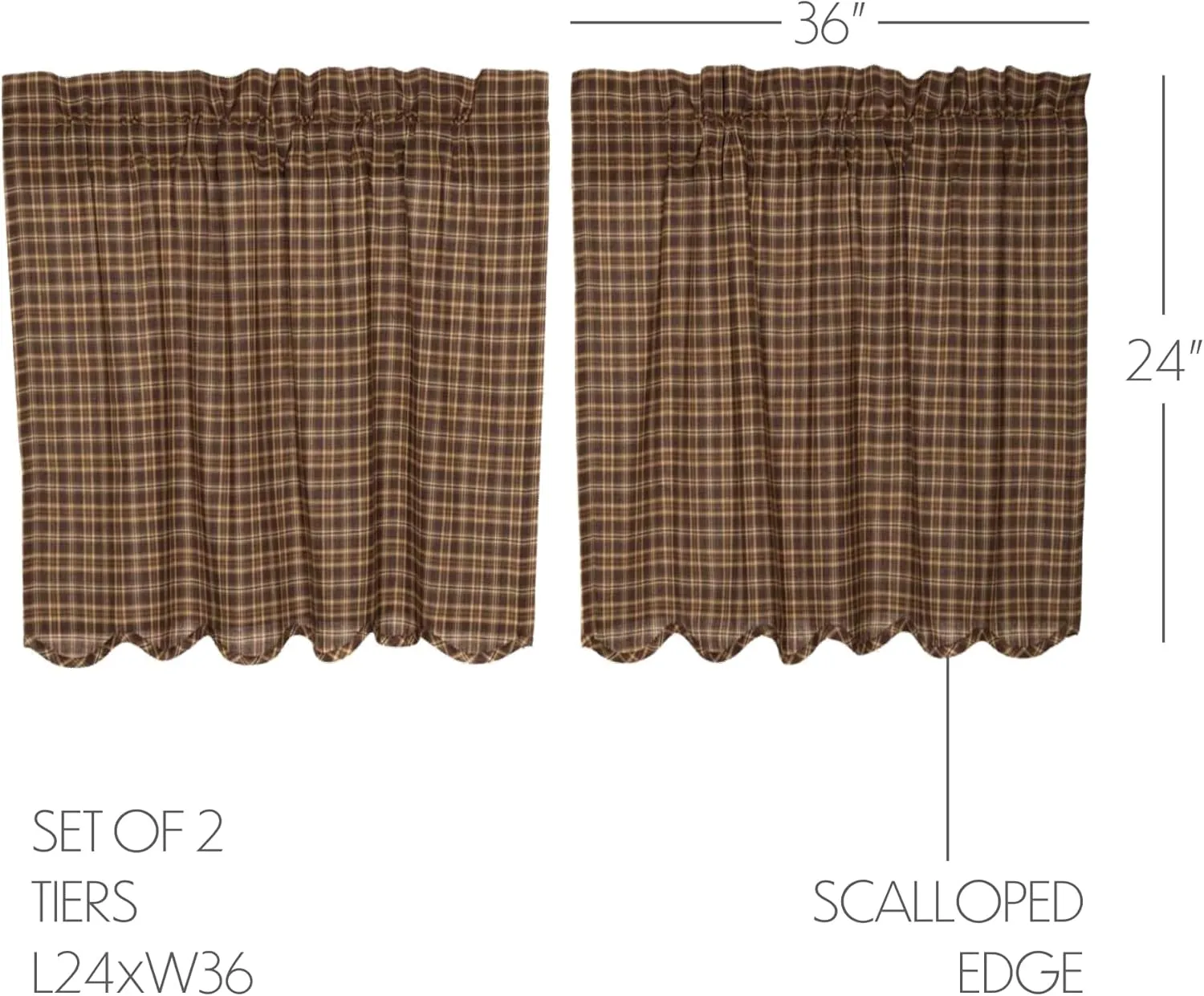 VHC Brands Prescott Rustic 24"x36" Tier Pair Brown Rod Pocket Cotton Plaid Kitchen Window Curtains