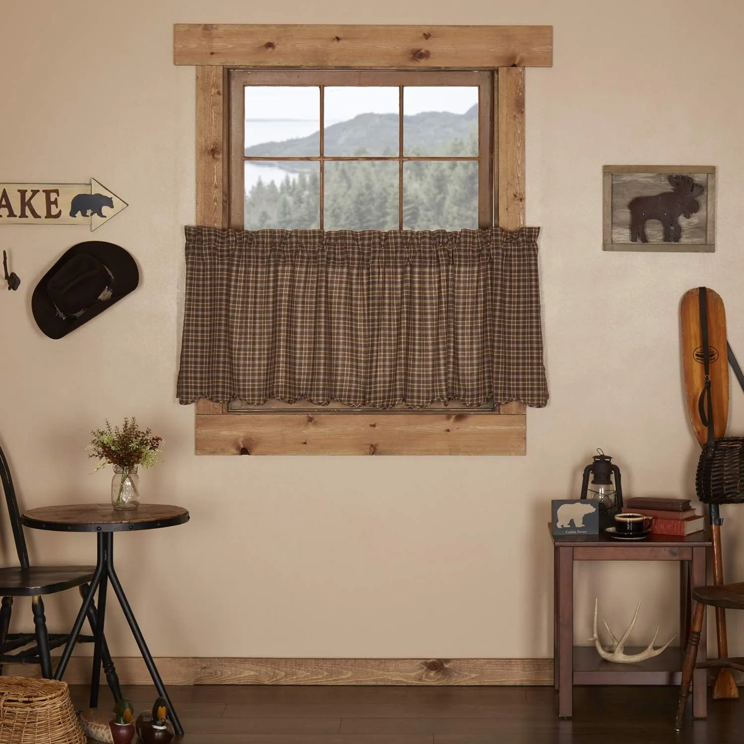 VHC Brands Prescott Rustic 24"x36" Tier Pair Brown Rod Pocket Cotton Plaid Kitchen Window Curtains