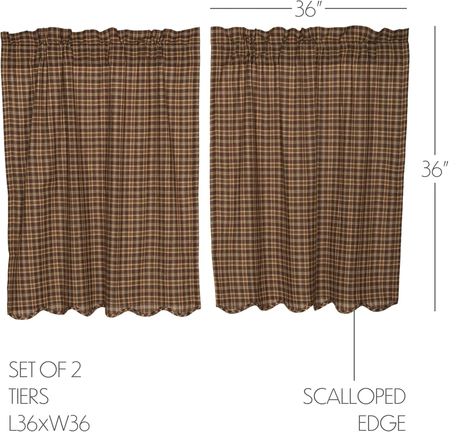 VHC Brands Prescott Rustic 36"x36" Tier Pair Brown Rod Pocket Cotton Plaid Kitchen Window Curtains