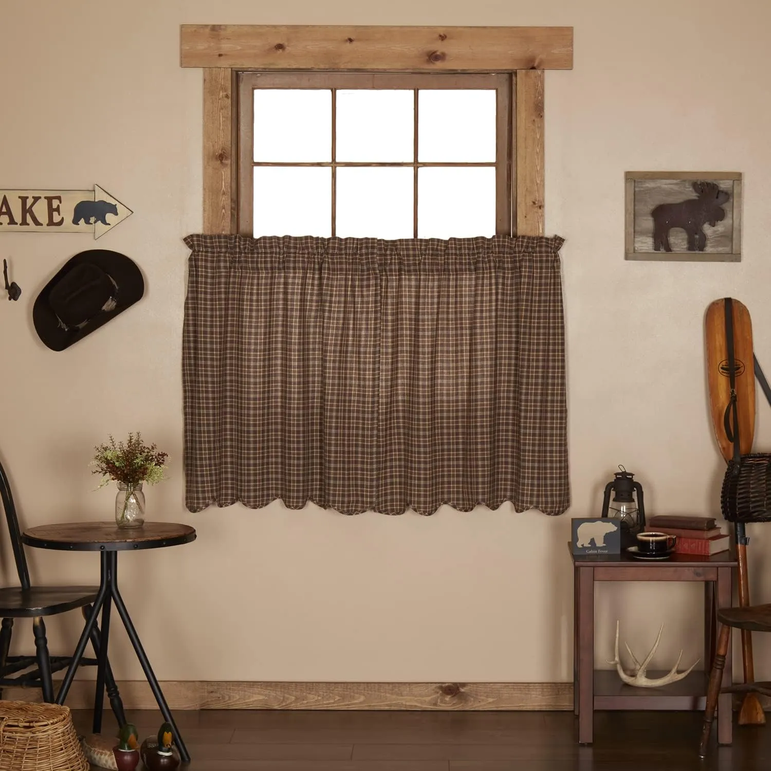 VHC Brands Prescott Rustic 36"x36" Tier Pair Brown Rod Pocket Cotton Plaid Kitchen Window Curtains