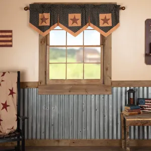 VHC Brands Primitive-Kitchen Curtains Patriotic Patch-Rod Pocket Cotton Hanging Loops Appliqued Star 20x60 Valance, Deep Red