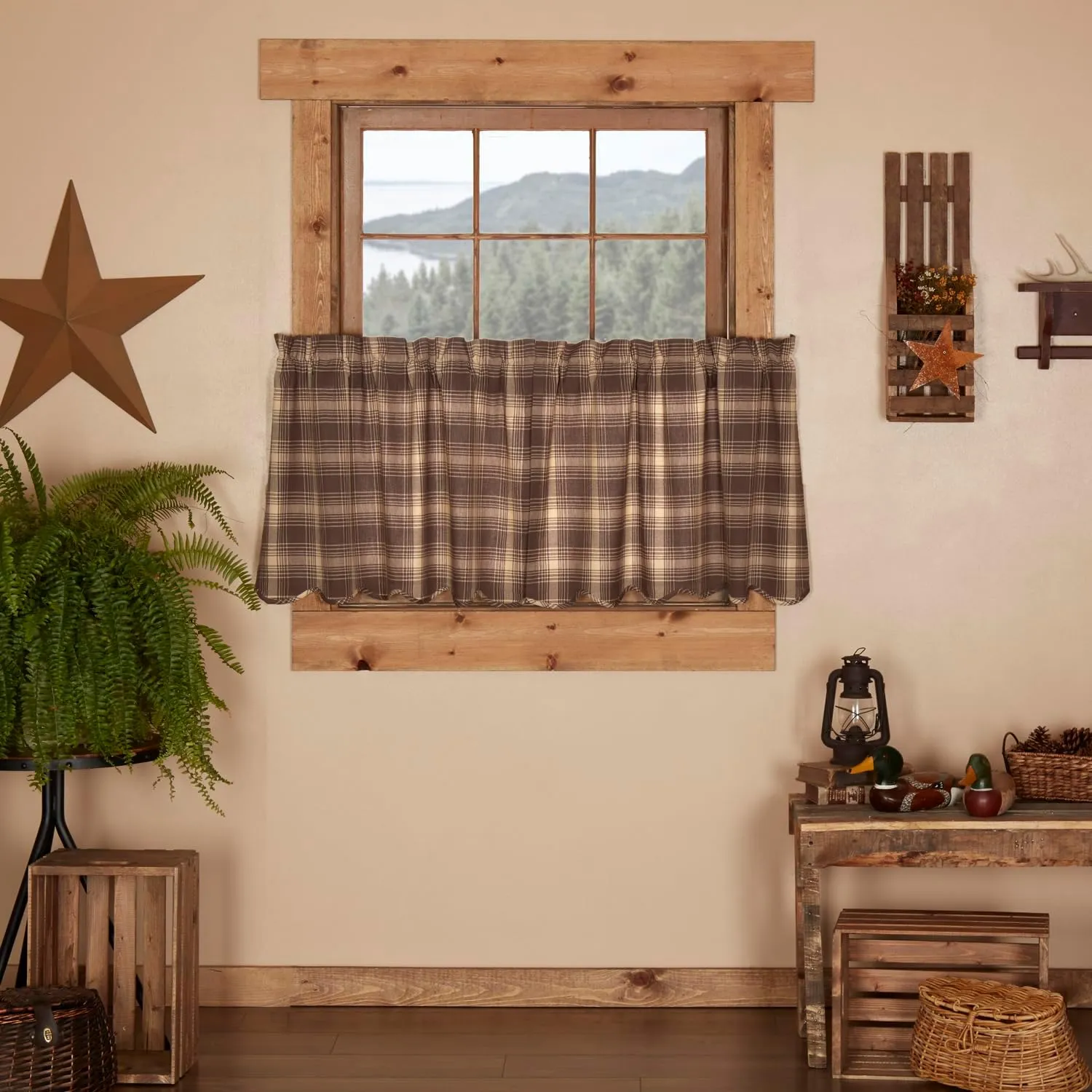 VHC Brands Rustic & Lodge Kitchen Window Curtains-Dawson Star Brown Scalloped Tier Pair, 24x36