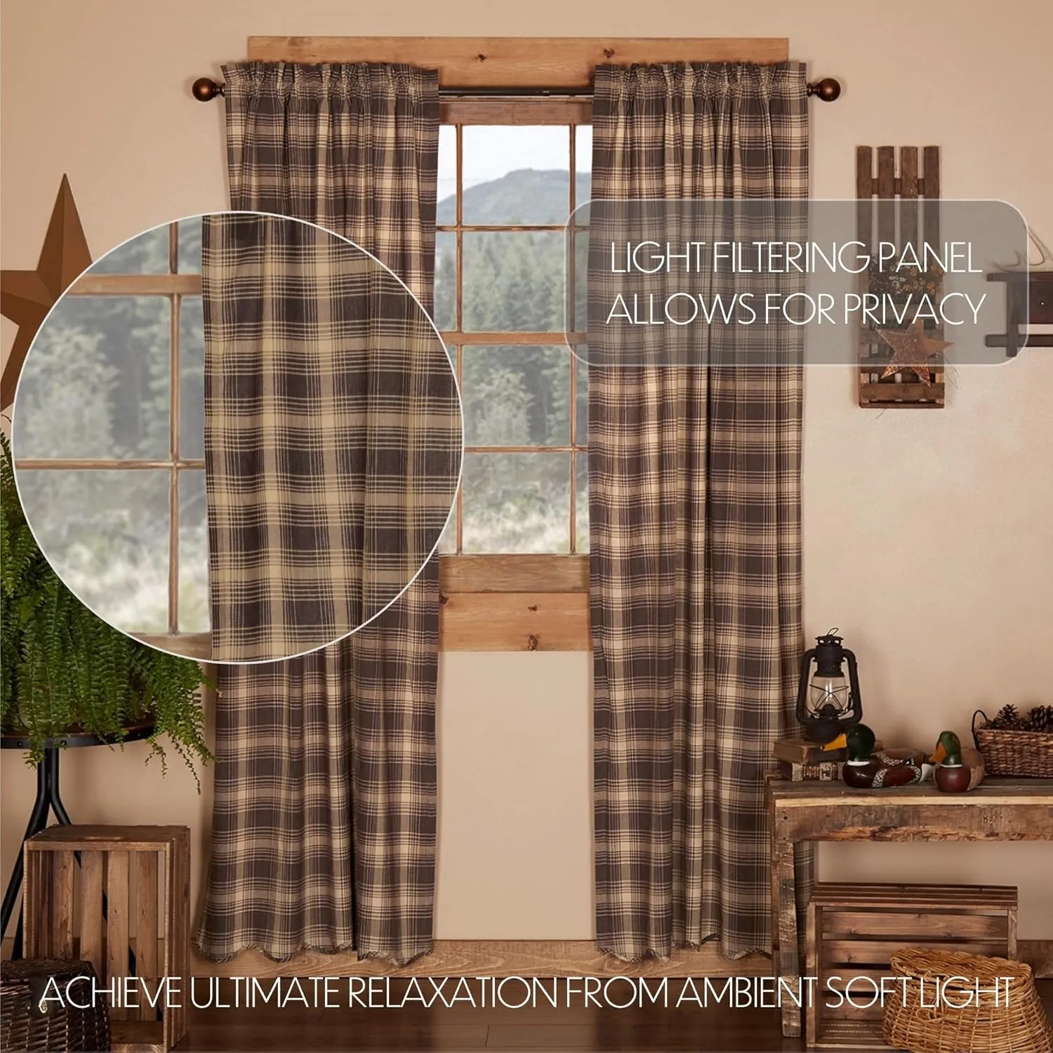 VHC Brands Rustic & Lodge Window Curtains - Dawson Star Brown Scalloped Curtain Panel Pair 84x40