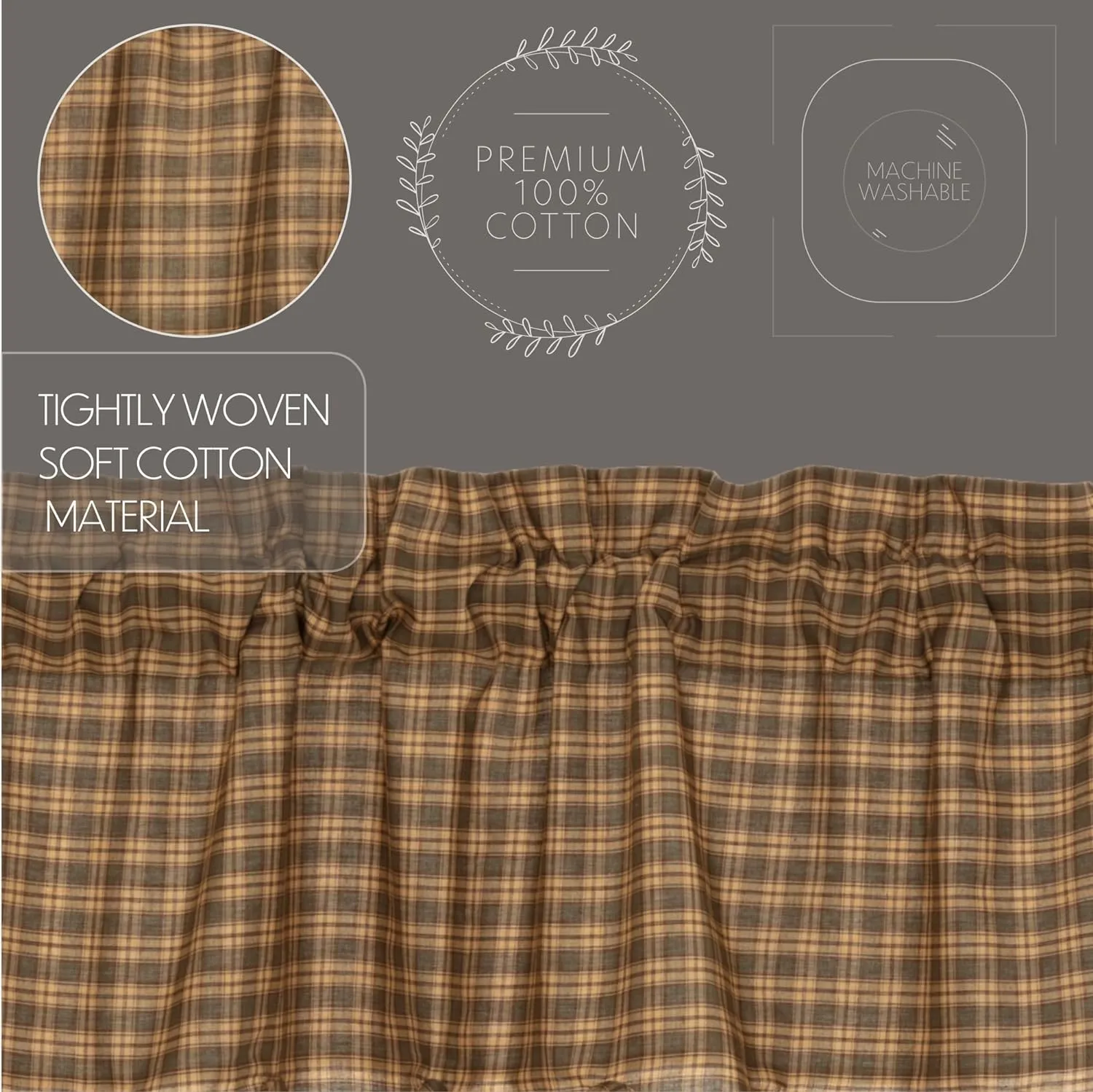 VHC Brands Rustic Cedar Green Plaid Cotton Ridge Curtains Rod Pocket Tie Back(s) Door Panel