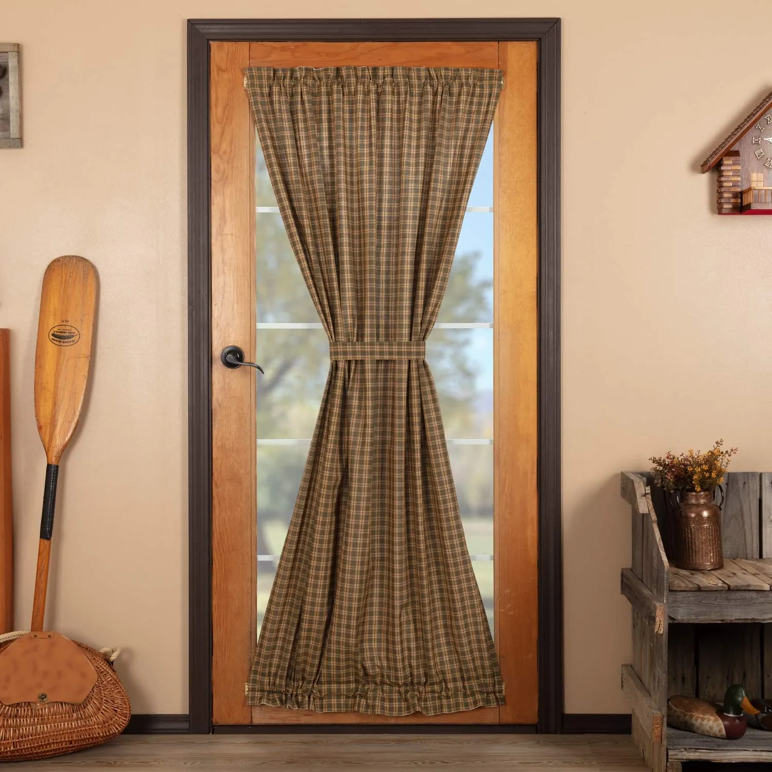 VHC Brands Rustic Cedar Green Plaid Cotton Ridge Curtains Rod Pocket Tie Back(s) Door Panel