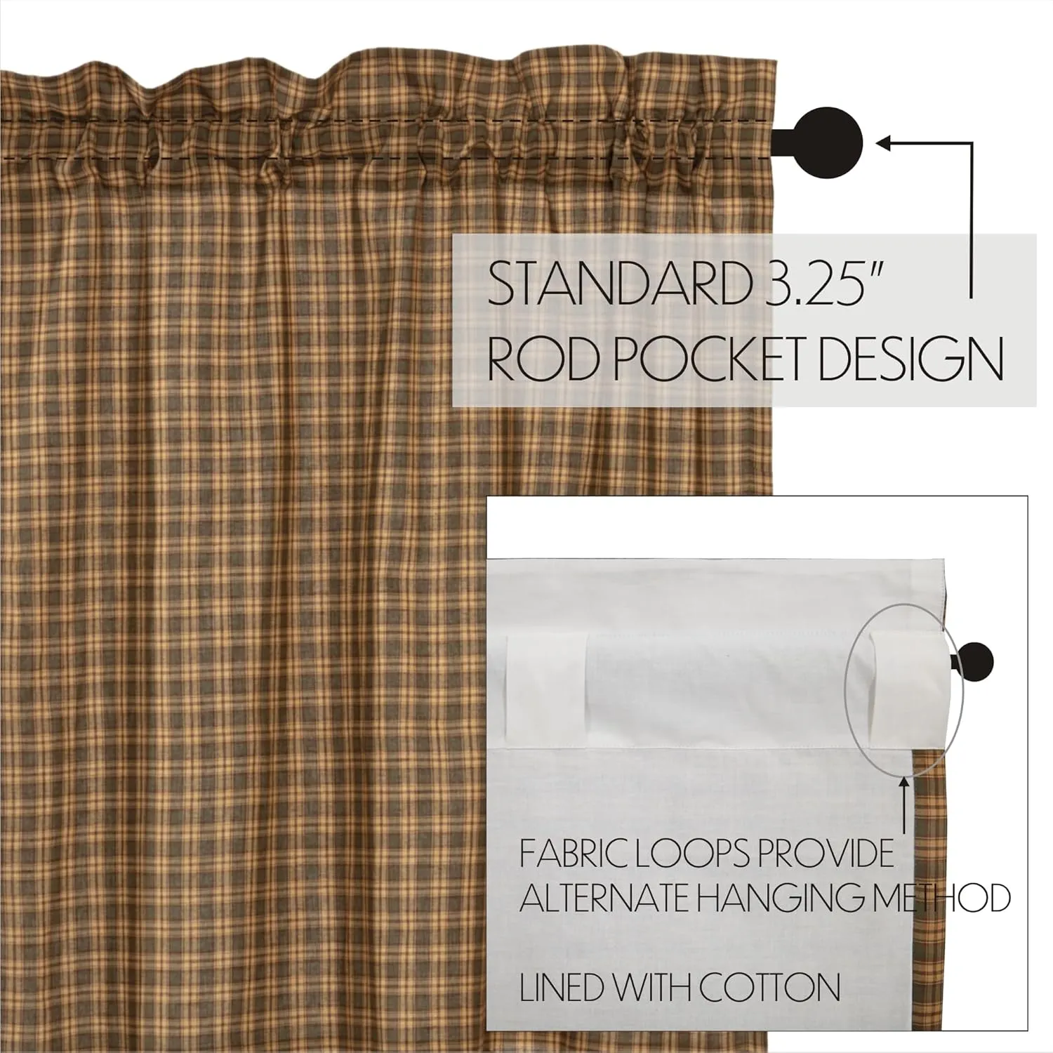 VHC Brands Rustic Cedar Green Plaid Cotton Ridge Curtains Rod Pocket Tie Back(s) Door Panel