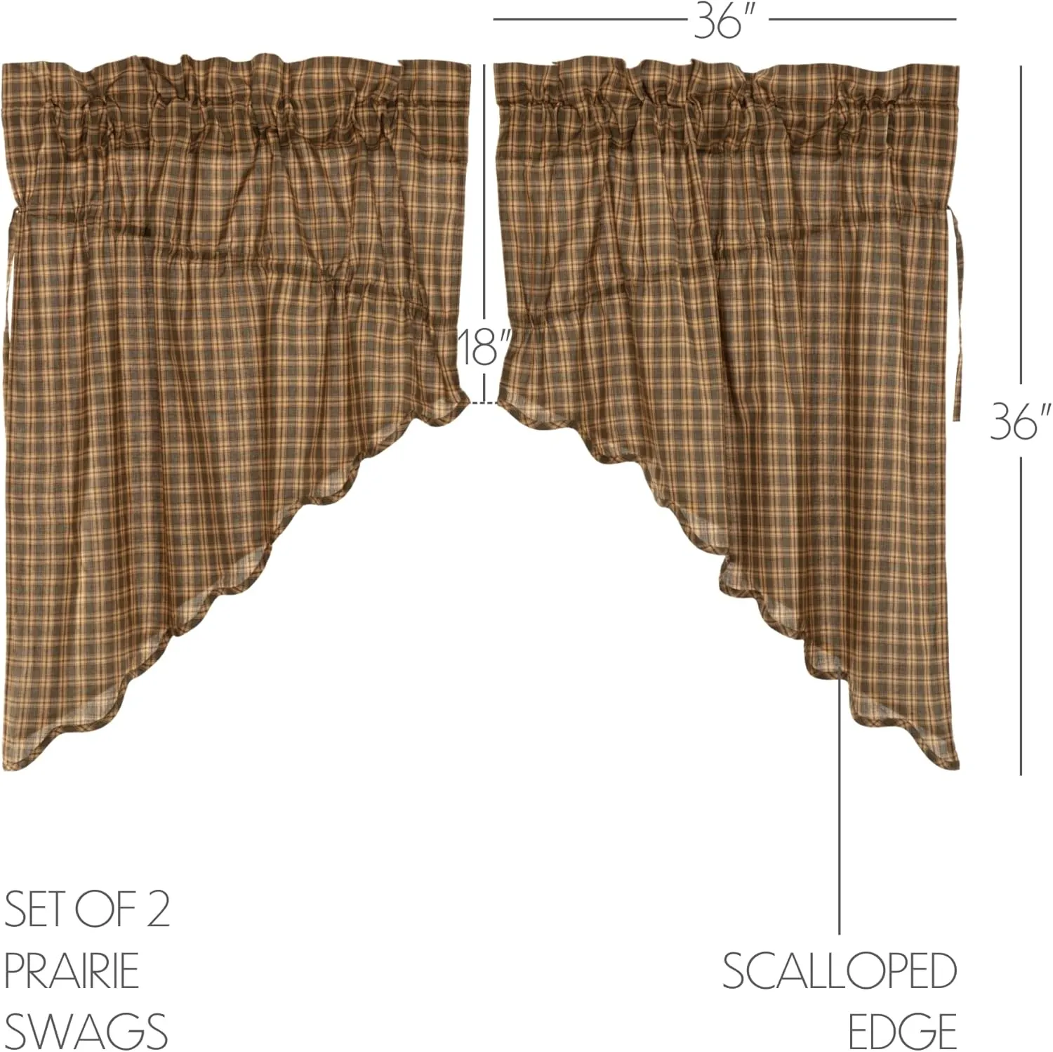 VHC Brands Rustic Cedar Green Plaid Cotton Ridge Kitchen Curtains Rod Pocket Drawstring Ties Prairie Swag Pair