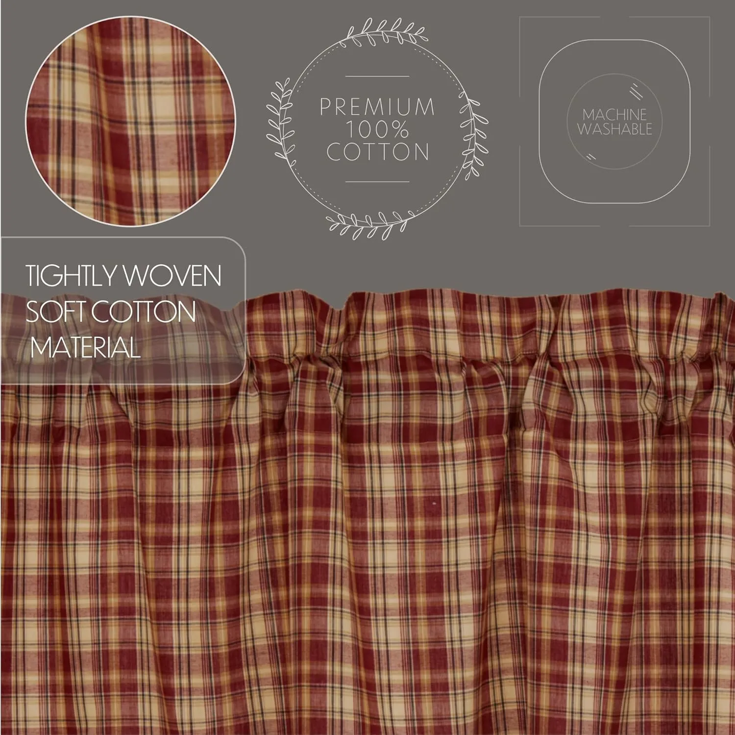 VHC Brands Rustic Thanksgiving Kitchen Beckham Plaid Rod Pocket Cotton Hanging Loops 16x60 Curtain, Valance, Rust Red