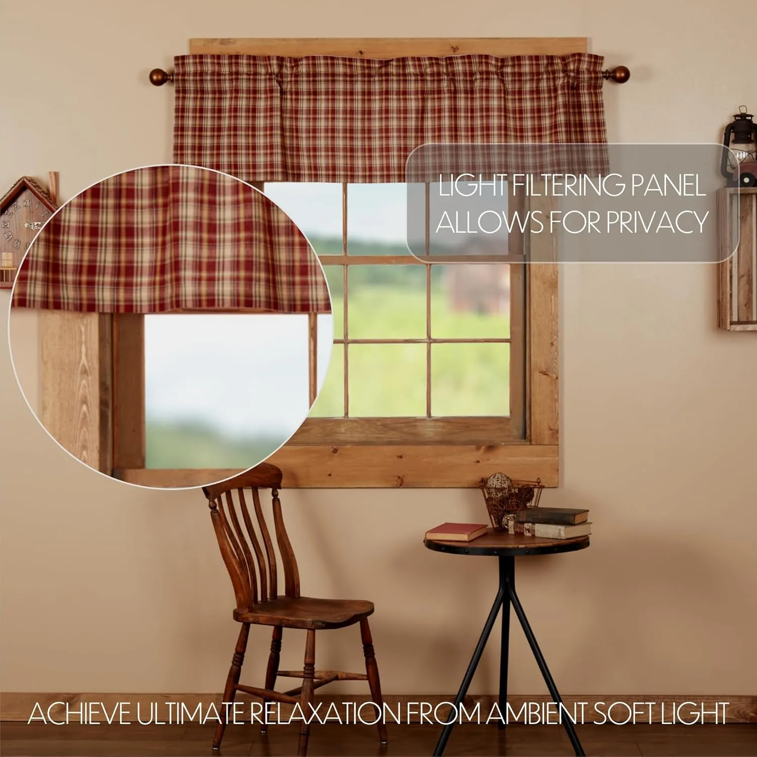 VHC Brands Rustic Thanksgiving Kitchen Beckham Plaid Rod Pocket Cotton Hanging Loops 16x60 Curtain, Valance, Rust Red