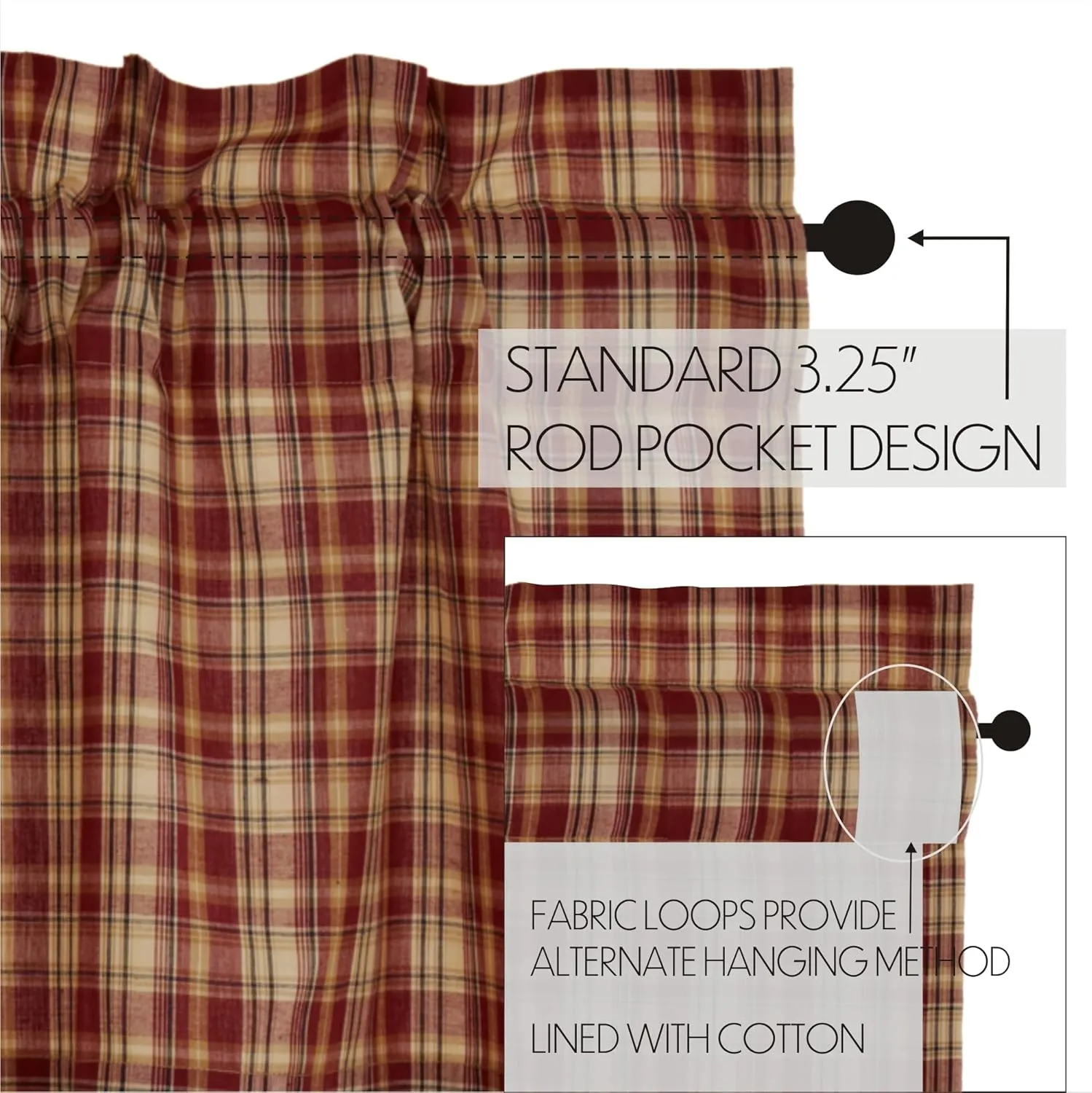 VHC Brands Rustic Thanksgiving Kitchen Beckham Plaid Rod Pocket Cotton Hanging Loops 16x60 Curtain, Valance, Rust Red