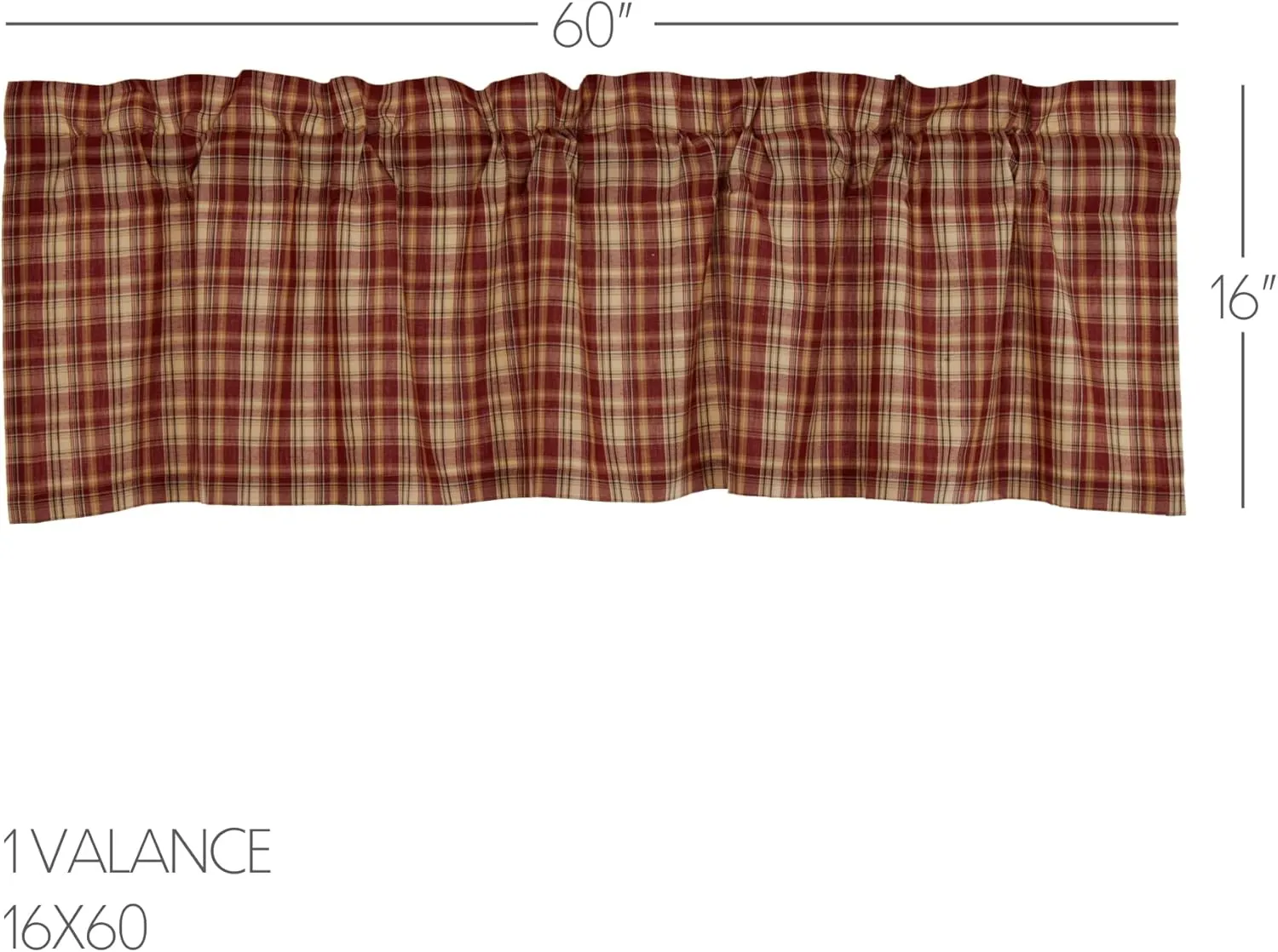 VHC Brands Rustic Thanksgiving Kitchen Beckham Plaid Rod Pocket Cotton Hanging Loops 16x60 Curtain, Valance, Rust Red