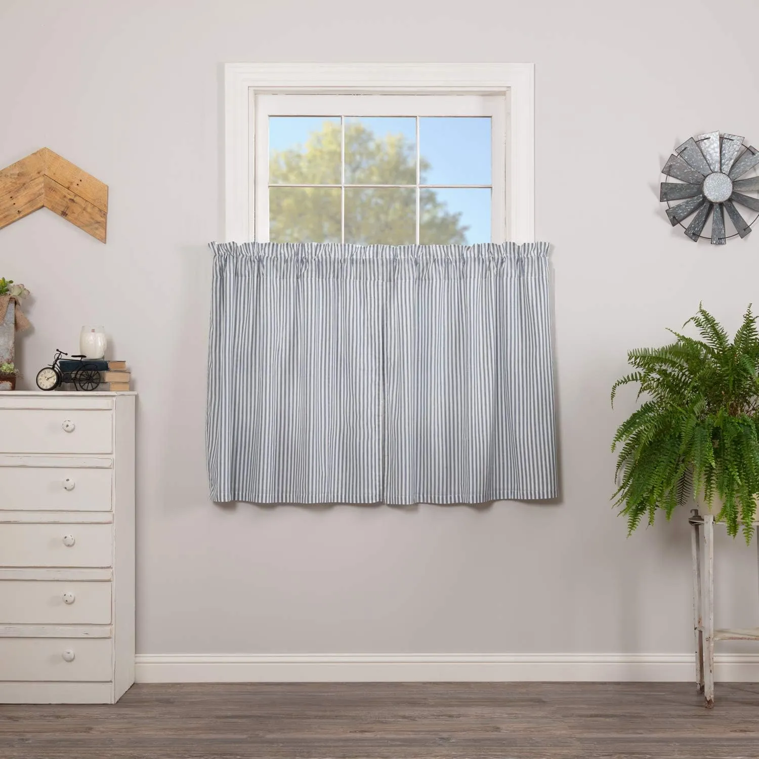 VHC Brands Sawyer Mill Blue Window Tier Set Country Kitchen Curtains Farmhouse Cafe Style Striped Pattern 36x36