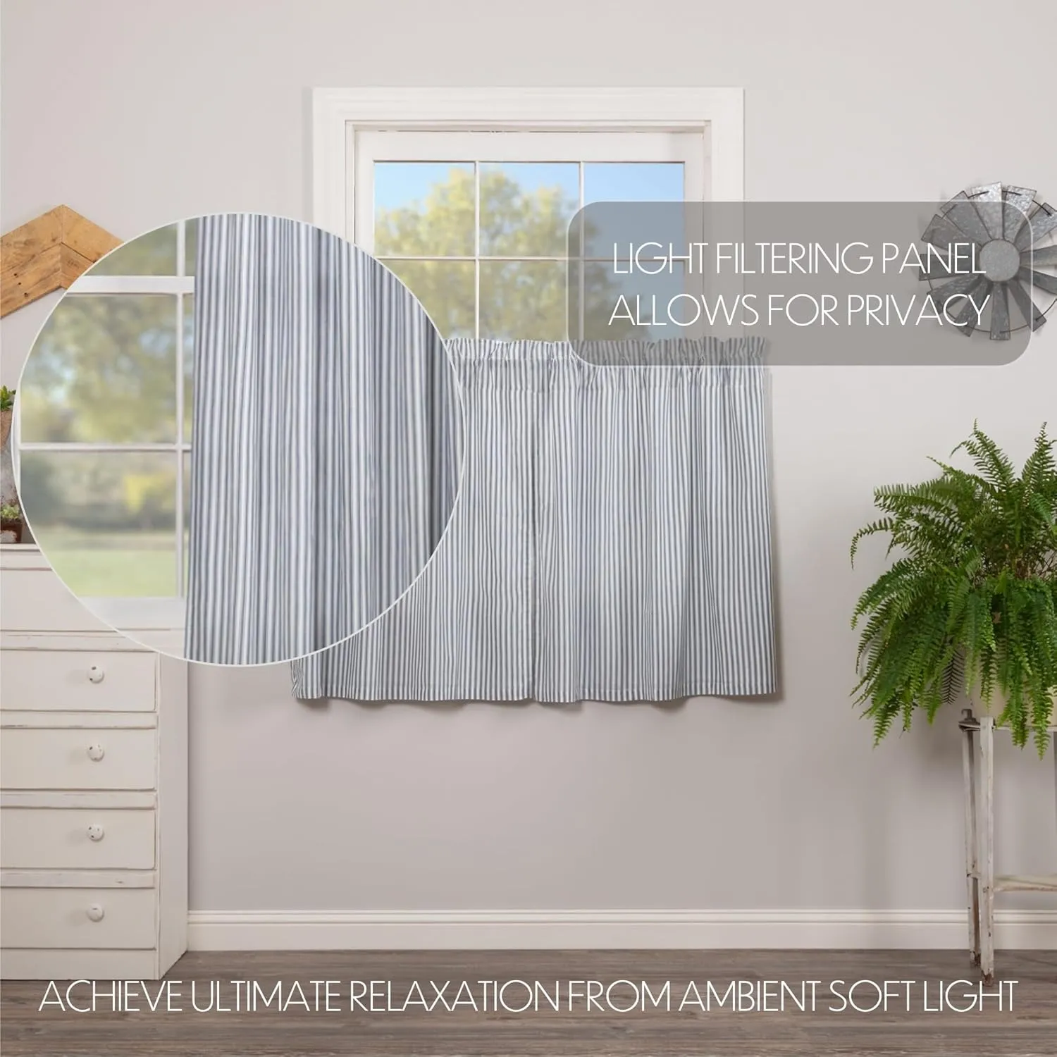 VHC Brands Sawyer Mill Blue Window Tier Set Country Kitchen Curtains Farmhouse Cafe Style Striped Pattern 36x36