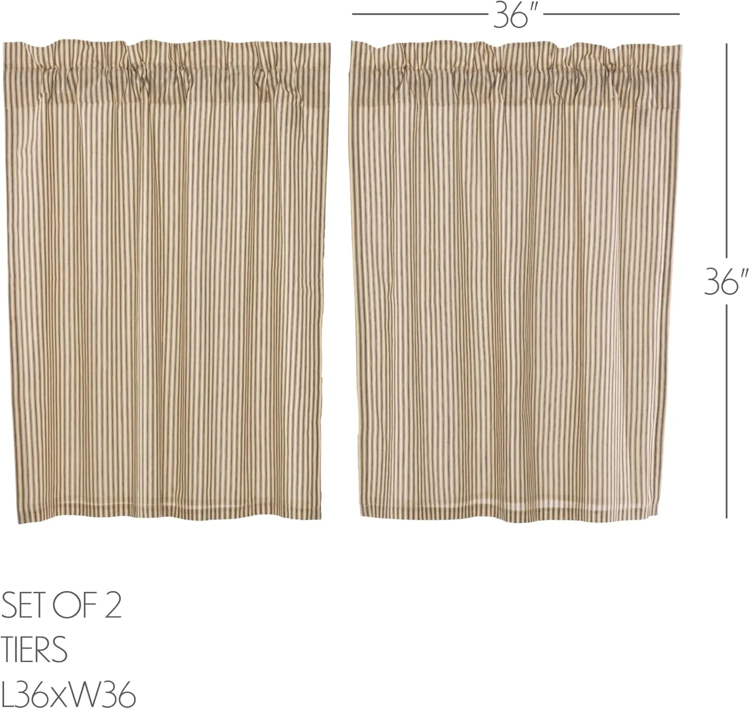 VHC Brands Sawyer Mill Charcoal Kitchen Curtain Set Lined Tiers Farmhouse Country Striped Cotton 36 Inch Long