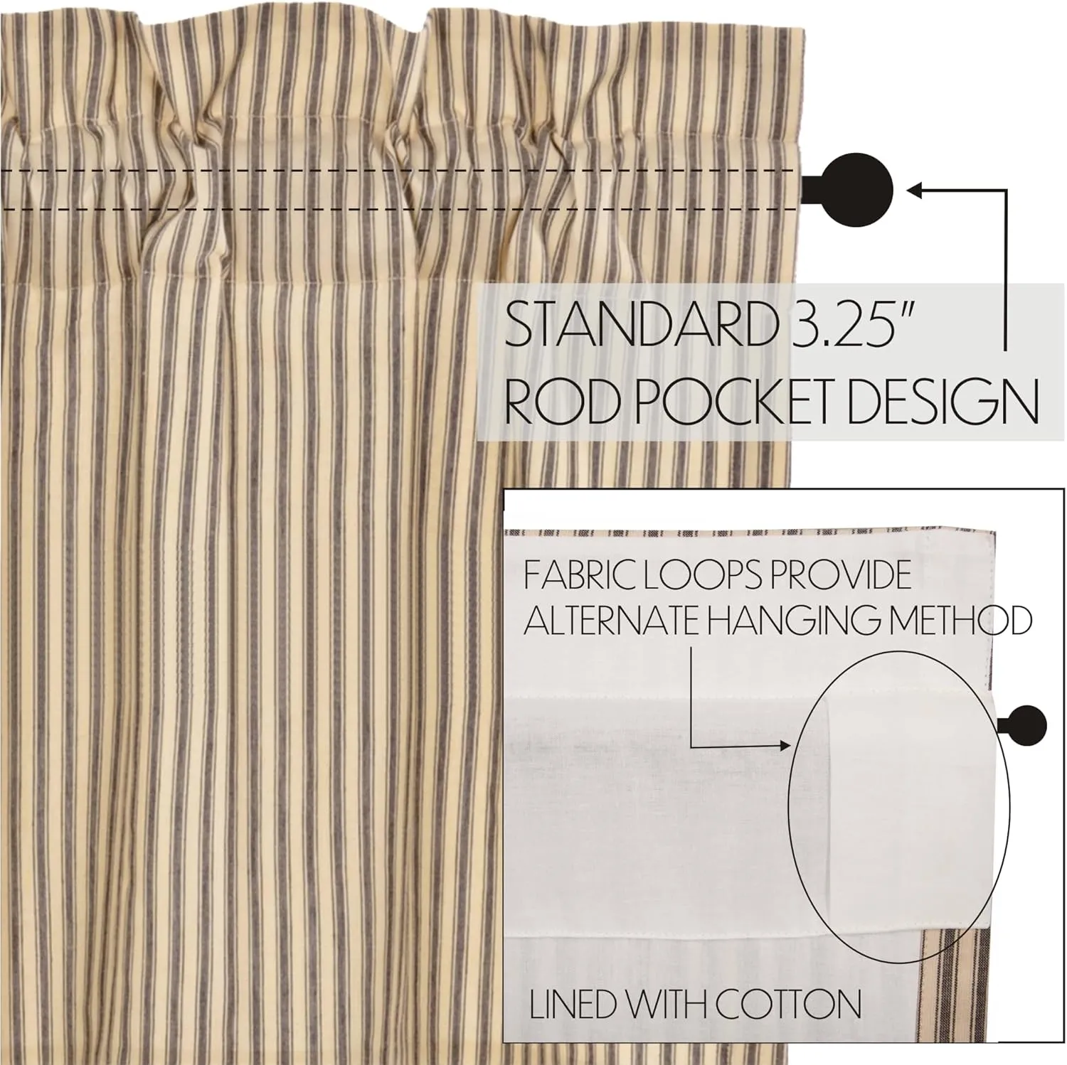 VHC Brands Sawyer Mill Charcoal Kitchen Curtain Set Lined Tiers Farmhouse Country Striped Cotton 36 Inch Long