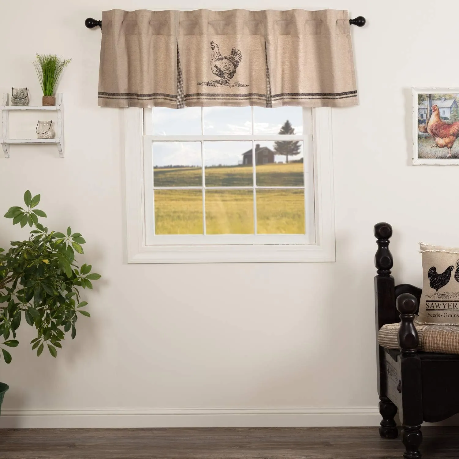 VHC Brands Sawyer Mill Charcoal Valance Curtain Farmhouse Country Chicken Cotton Gray and Tan for Kitchen Window 20x72