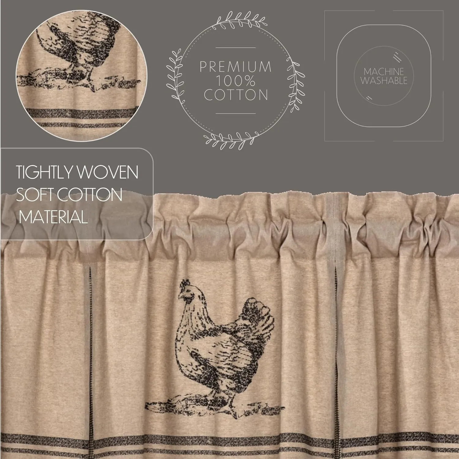 VHC Brands Sawyer Mill Charcoal Valance Curtain Farmhouse Country Chicken Cotton Gray and Tan for Kitchen Window 20x72