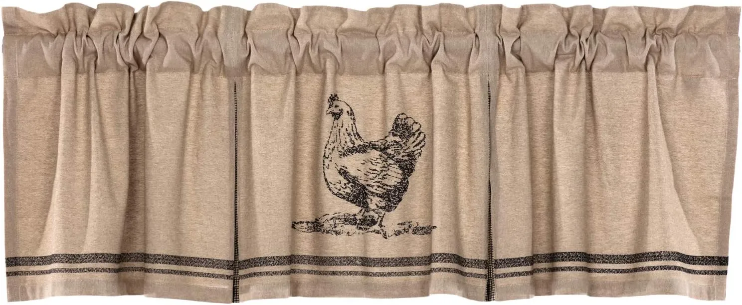 VHC Brands Sawyer Mill Charcoal Valance Curtain Farmhouse Country Chicken Cotton Gray and Tan for Kitchen Window 20x72