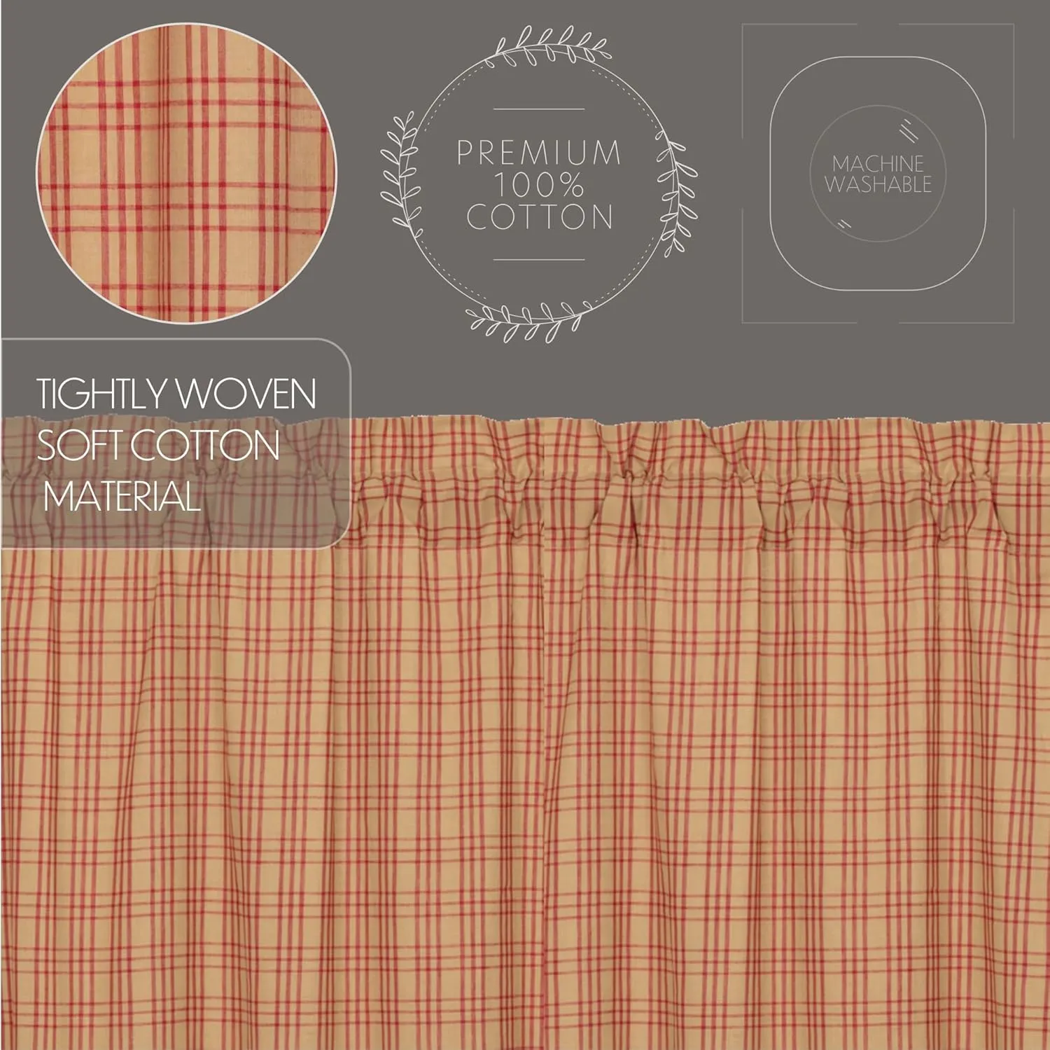 VHC Brands Sawyer Mill Plaid Cotton Farmhouse Bedroom Curtains Rod Pocket Drawstring Ties Prairie Panel Pair 84 Inches Long, Red