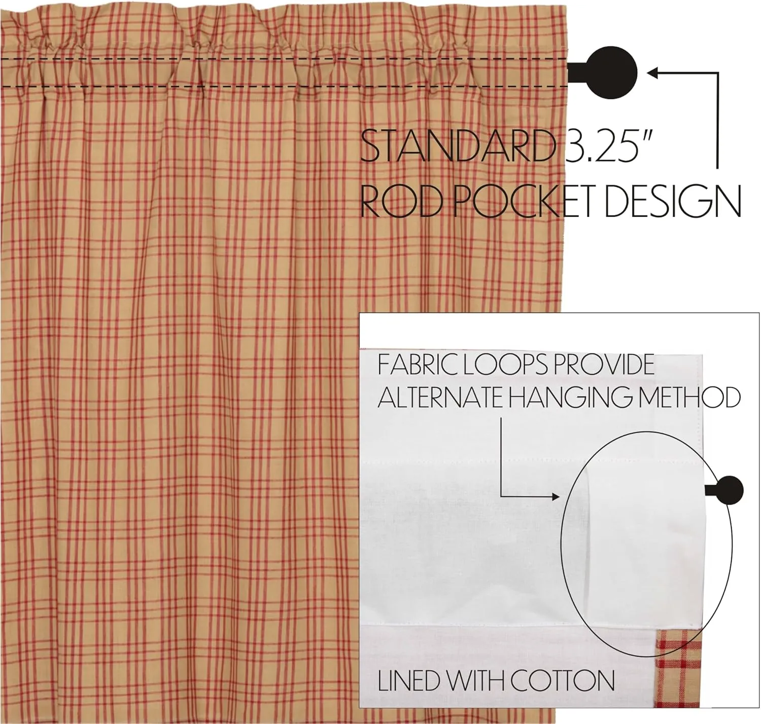 VHC Brands Sawyer Mill Plaid Cotton Farmhouse Bedroom Curtains Rod Pocket Drawstring Ties Prairie Panel Pair 84 Inches Long, Red