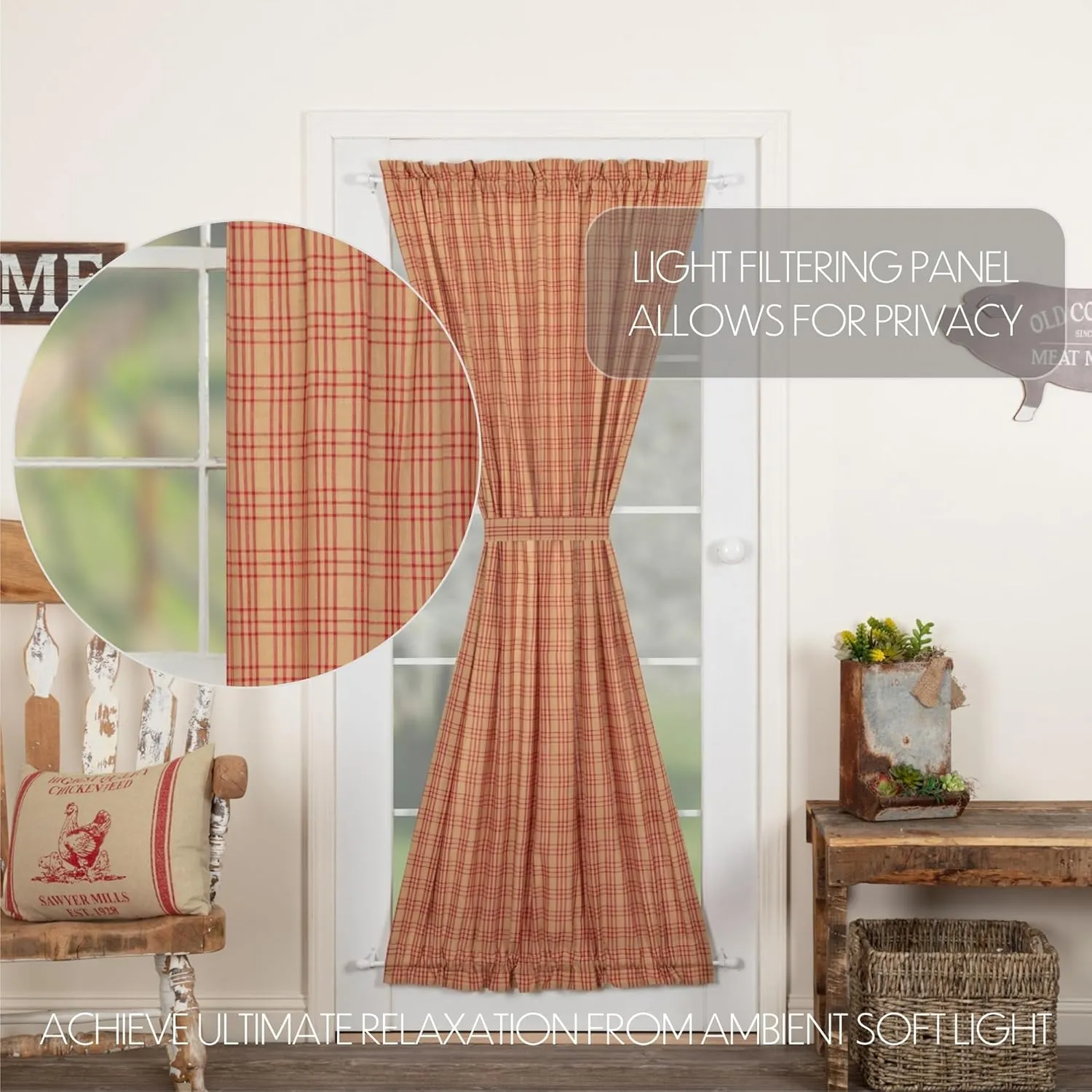 VHC Brands Sawyer Mill Plaid Cotton Farmhouse Curtains Rod Pocket Tie Back(s) 72 Inches Length Door Panel, Red