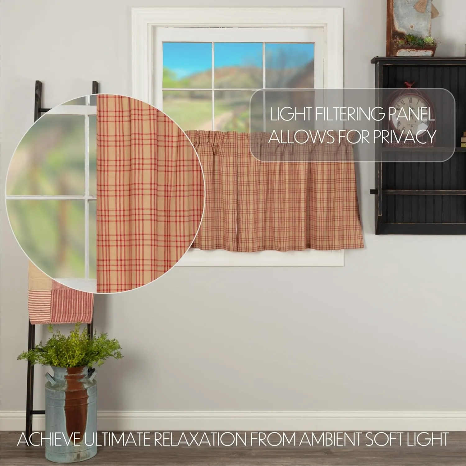 VHC Brands Sawyer Mill Plaid Cotton Farmhouse Kitchen Curtains Rod Pocket Hanging Loops 24 Inches Length, Tier Pair, Red