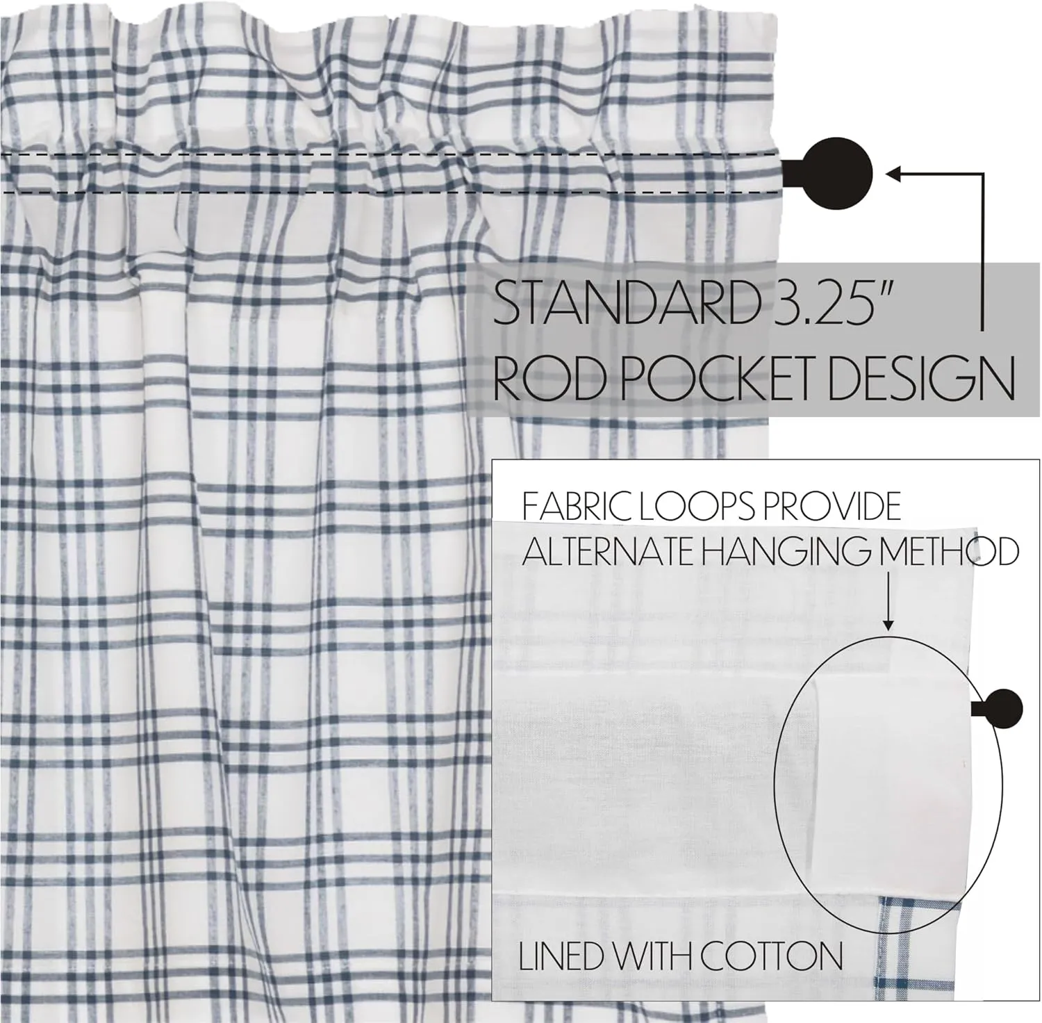 VHC Brands Sawyer Mill Plaid Cotton Farmhouse Kitchen Curtains Rod Pocket Hanging Loops 24 Inches Long Tier Pair, Blue